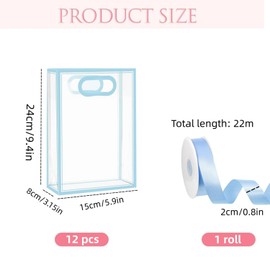 12 Pcs Clear PVC Gift Bag with Handles, Plastic Party Favor Bags with Ribbon,Reusable Transparent Bags for Wedding Bridal Baby Shower Birthday (Light Blue, 15 x 24 x 8 cm)