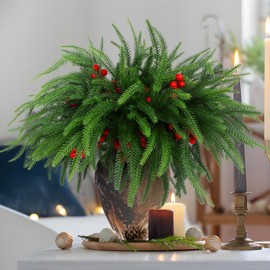 TISEMENT 12Pcs Christmas Norfolk Pine Stems with Red Berries, Real Touch Artificial Norfolk Pine Branches for Vase,DIY Crafts Faux Greenery Stems for Indoor/Outdoor Christmas Decor.