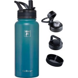 Fanhaw 32 oz Stainless Steel Insulated Water Bottle with 3 Lids (Straw, Spout and Carabiner Lid) - Wide Mouth Travel Thermal Mug (Green Blue)
