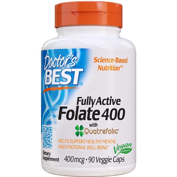 Doctor's Best Fully Active Folate with Quatrefolic NonGMO Vegan Gluten Free 400 mcg Veggie Caps, 90 Count