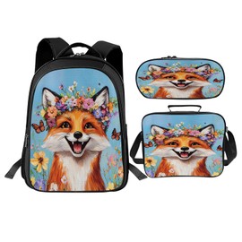 UIAMT 3PCS Fox Backpack for Boys Girls, Kids Backpack Set with Lunch Box, Backpacks for Kids Children Teens Toddler Elementary Middle School - Bookbag Travel Back Pack Ages 6-18