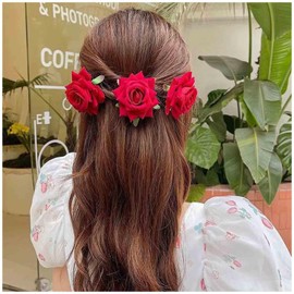 Andelaisi Boho Red Rose Barrette Hair Clip Vintage Rose Floral Hair Barrette Red Flower Pin Side Clip Fabric Flower Hairpin Wedding Bridal Hair Accessories for Women Headdress
