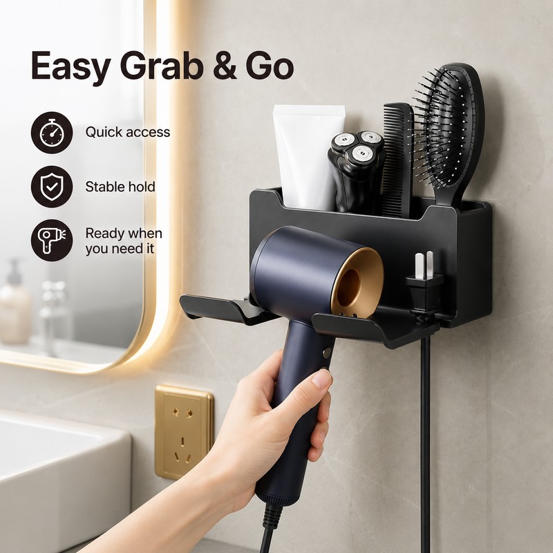 Drill-Free Wall Mount Hair Dryer Holder – Multifunctional Bathroom Organizer