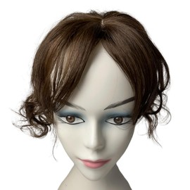 AYunhe Curly Wave Clip in Human Hair Bangs with 3D Fringe, Lace Human Hair Toppers for Women Side Parting Short Wavy Hairpieces Extensions 10 inch (Light Brown+Short Curly)