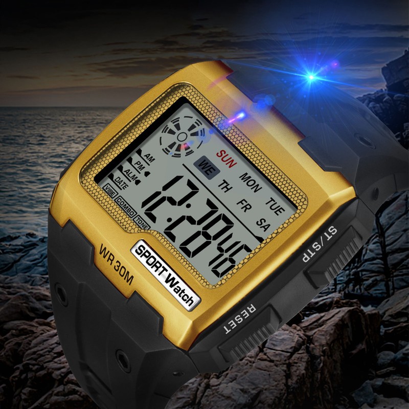 Digital Sport Watch Large Display LED Alarm Clock Shockproof 12/24