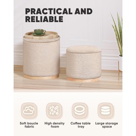 B FSOBEIIALEO Storage Ottoman Round Boucle Ottomans with Tray, Set of 2 Teddy Foot Rest Ottoman Cube with Storage for Living Room , Apricot 15"x15"x16.9"