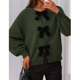 PRETTYGARDEN Cardigan Sweaters for Women 2025 Fall Bow Tie Front Long Sleeve Knit Sweater Tops Cute Going Out Outfits (Army Green,X-Large)