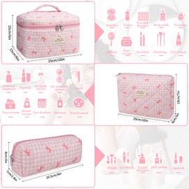 3PC Makeup Bag Set, Quilted Makeup Bag, Large Floral Cosmetic Bag for Women, Cute Cotton Makeup Bags, Flower Travel Toiletry Organizer Bag(Pink Plaid Bow)