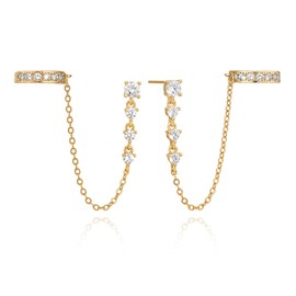 LOYATA Dangle Chain Earrings for Women-Dainty Gold Cubic Zirconia Chain Stud Earrings With Ear Cuff 14K Gold Plated/925 Sterling Silver Post Hypoallergenic Wedding Everyday Ear Jewelry Set Gifts