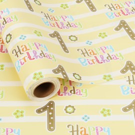 BIOBROWN 1st Birthday Wrapping Paper Roll - 17 Inches X 33 Feet (47 sq. ft. ttl.) Yellow Happy Birthday with Floral Design Stone Paper for Birthday, Baby Shower, Party, Holiday, Baby Girls Kids