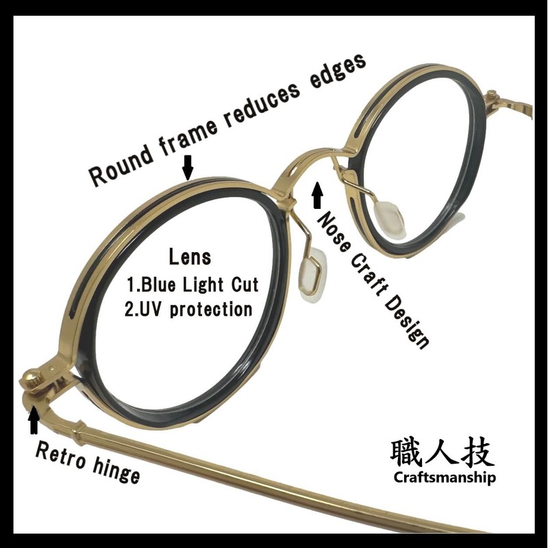 REONAS BRAND3 Retro Round Glasses, Blue Light Reduction + UV