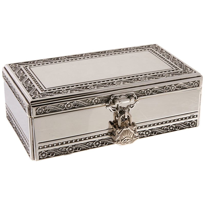 Elegance Silver Antique Silver Jewelry Box with Jeweled Lock