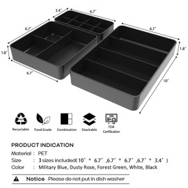 Drawer Organizer, Stackable Divider 3 Packs Makeup Organizers Bathroom Countertop, 15 Cell Compact Desktop Dresser Sundries Storage Box, Small Vanity Holder for Brushes, Eyeshadow, Lipstick, Black
