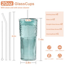 GOSCHE Glass Cups with Straws and Lids 20oz, High Borosilicate Glass Drinking Jar Water Cups, Glass Coffee Tumbler 2 Pcs for Tea Water Milkshake, Green