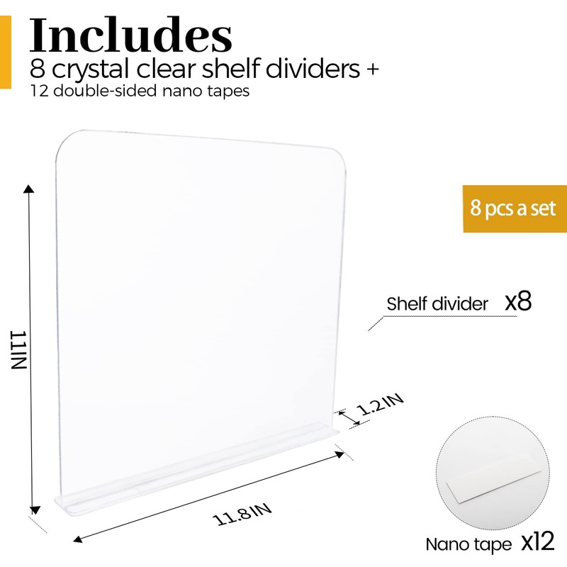 ROUFA Clear Acrylic Shelf Dividers, 8Pcs Closet Dividers Fit for