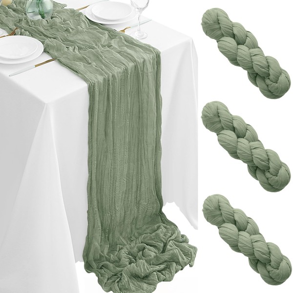 3Pack Sage Green Cheesecloth Table Runner 35x120Inch Spring Easter Cheese