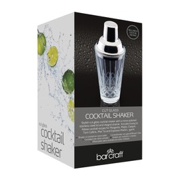 BarCraft BCSHAKGLS Cut Cocktail Shaker with Stainless Steel Strainer, Etched Glass, 8 x 8.5 x 18 cm