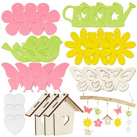 BOFUNX Wooden Pendants Birds Butterflies Flowers Heart Hanging Wooden Decorative Window Decoration Spring Decoration Pack of 24