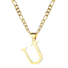 kelistom Gold Initial Necklace for Women Men 14K Gold Silver Tone Stainless Steel Letters Figaro Chain Necklace, Capital Monogram Necklace Alphabets from A-Z (U, Gold, chain length:18")