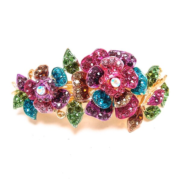 new antique gold tone metal multi-color crystal flowers hair clip barrette