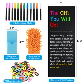Magnetic Chalkboard Contact Paper for Wall, 47.2" x 18" Self-Adhesive Magnet Wall Sheet with 79 Magnete Letters for Kids and 12 Colors Liquid Chalk, Magnetic Wallpaper Stickers, Chalk Board
