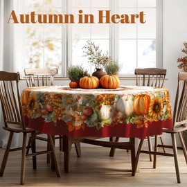 BGFUO Autumn Table Cloth 60x60 Inch Round, Wipe Clean Fall Pumpkin Gingham Tablecloth for Harvest Festival Thanksgiving Kitchen Decorations (fall-red plaid, 60 inch(Round))