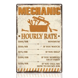 DOODLREAM Mechanic Shop Sign Wall Decor Mechanic Hourly Rate Reproduction Metal Tin Sign Vintage Poster for Man Cave, Cars, Workshop, Garage Wall Decor Gift 8" x 12"