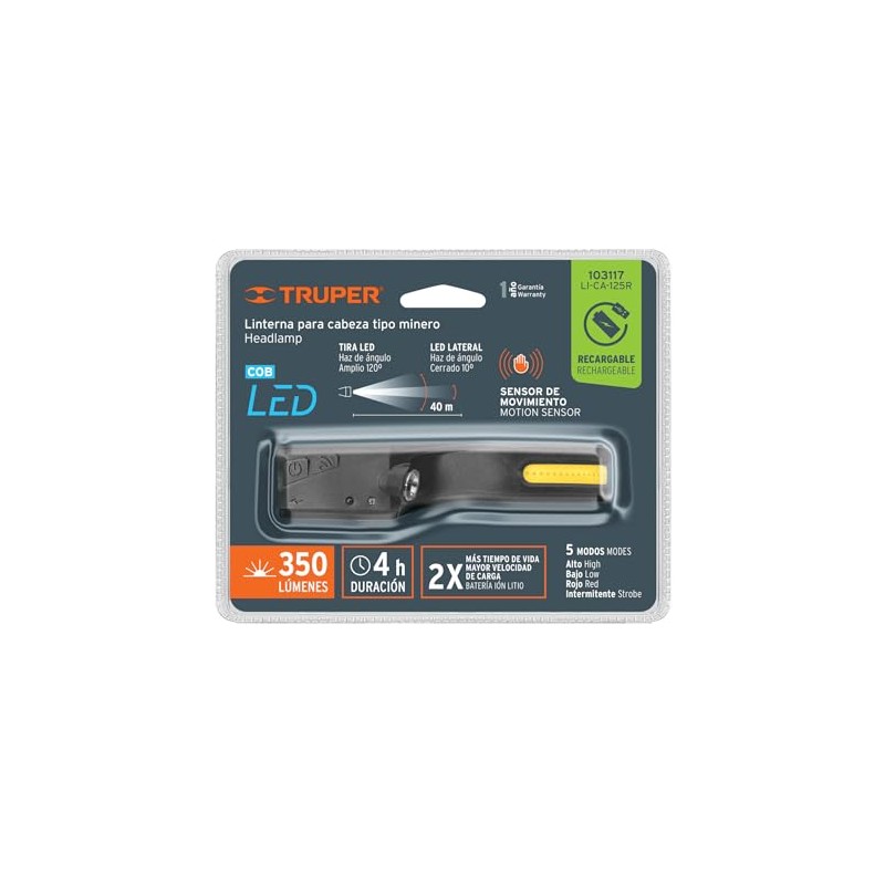 Truper LI-CA-125R, Linterna de minero 125 lúmenes recargable con sensor