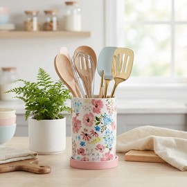 ISUISLE Ceramic Utensil Holder for Kitchen Counter with Draining Base, Floral Utensil Crock for Cooking Utensils, Farmhouse Kitchen Utensil Holder for Spatulas, Spoons & Countertop Organizer