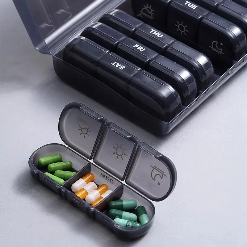 Pastillero Semanal Portátil De Píldora Vitamin Múltiples Negro Rectángulo