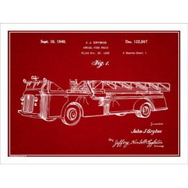 Studio 21 Graphix 1939 Aerial Fire Truck Patent Print Art Poster UNFRAMED Red 18" X 24"