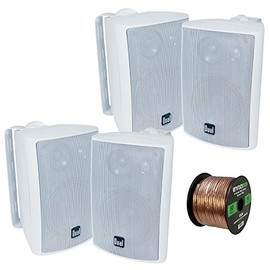 4x Dual Electronics LU47PW 4 Inch 100-Watt 3-Way Indoor / Outdoor High Performance Bookshelf Studio Monitor White Speakers w/ Swivel Brackets , Enrock 16-G 50 Ft Audio Speaker Wire
