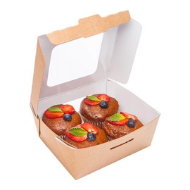 Cafe Vision 28 Ounces Food Boxes, 200 Grease-Resistant Baked Goods Gift Boxes - Built-In Lids, 2 Windows, Kraft Paper Brownie Boxes, For Meals And Desserts, 6.3 x 4.7 x 2 Inch - Restaurantware