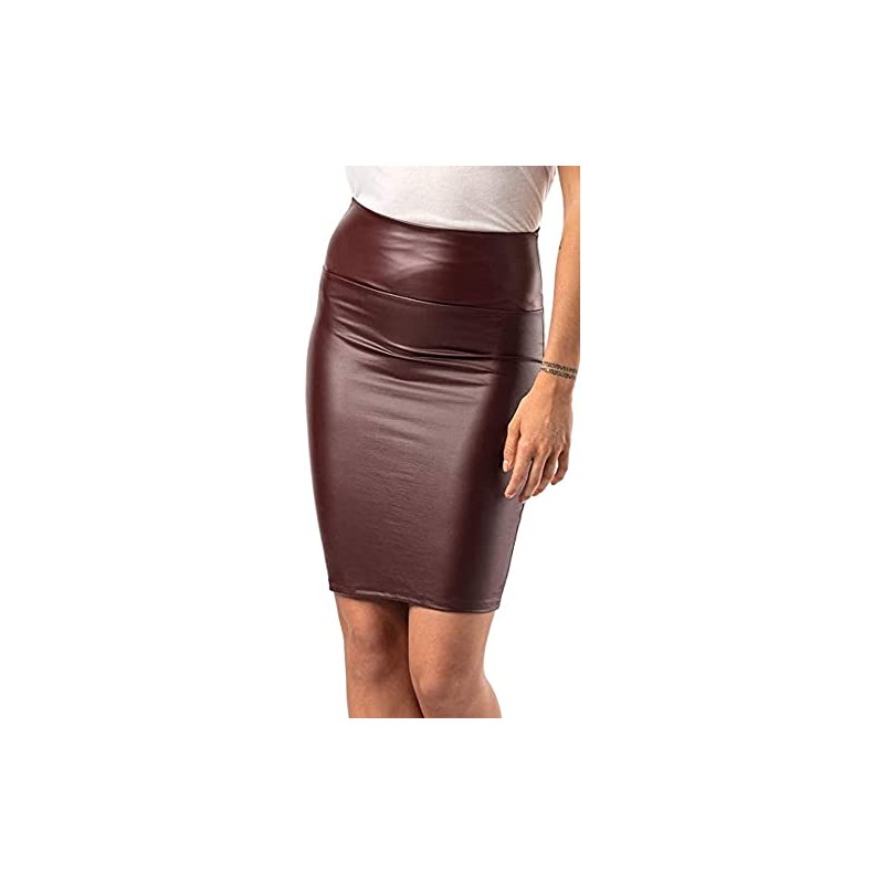 Women's Knee-Length Leather Look Skirt, Wet Look Stretch Skirt -
