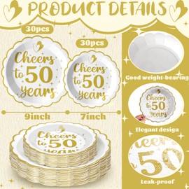 Maxdot 60 Pcs 50th Wedding Anniversary Plates Wedding Anniversary Party Decoration Gold Cheers to 50 Years Scalloped Disposable Plates Set for 30 Guests 7" & 9" Paper Plates for Birthdays