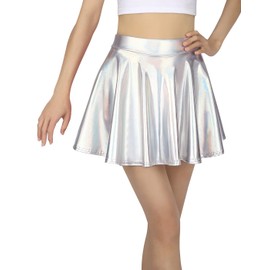 HDE - Falda para patinadora metálica para niña, estilo atlético, brillante, holográfica, plateado, 14-16