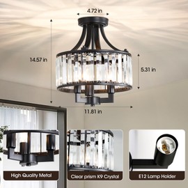 KAHHOKING Black Crystal Chandelier, 3 Light Modern Dining Room Lighting Fixture, Semi Flush Mount Ceiling Chandelier, D12XW12XH14, E12 Socket, Bedroom, Hallway, Living Room, Foyer