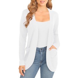 EXCHIC Women's Elegant Lightweight Long Sleeve Cardigan Curved Hem Open Front Knit Sweater with Pockets(White, M)