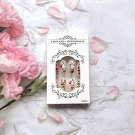 Almond Press on Nails Easter False Nails Full Cover Medium Length False Nails with Flowers Bunny Designs Acrylic Nails Cute White Rabbit Spring Flowers Glue on Nails for Women Manicure Decor