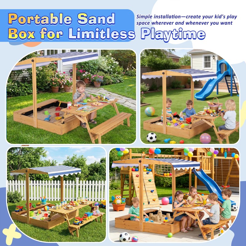 Haverchair Kids Wooden Sandbox with Picnic Table, 2-in-1 Large Sand