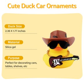 wonuu Rubber Duck Car Ornaments Guitar Duck Cool Car Accessories Car Dashboard Decorations with Cowboy Hat Necklace and Sunglasses, Brown&Black