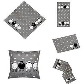 Tablecloth, table runner, cushion cover, embroidery, appliqué, sheep, grey, white (85 x 85 cm)