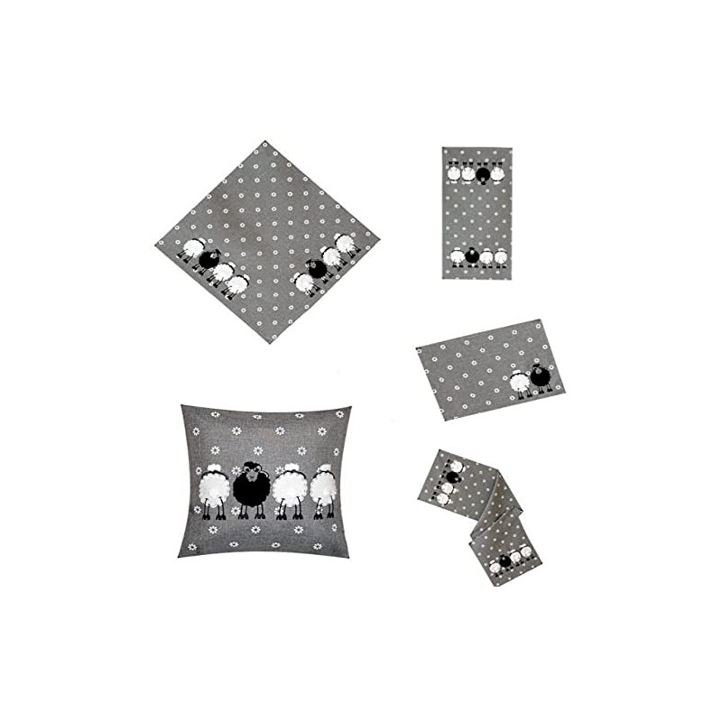 Tablecloth, table runner, cushion cover, embroidery, appliqué, sheep, grey, white