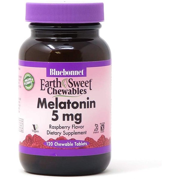 Bluebonnet Nutrition EarthSweet Melatonin 5 mg Fast-Acting Quick Dissolve Nighttime Relaxation & Restful Sleep Support - Sleep Aid - Gluten-Free, Vegan - Raspberry Flavor - 120 Chewable Tablets