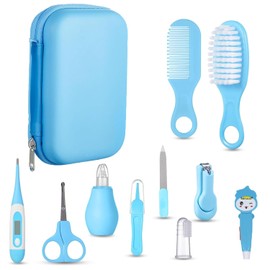 Kit de Cuidado de la Salud del Bebé, 10 Piezas Set de Aseo para Bebés Recién Nacido, Set de Cuidado del Cabello y Uñas de Almacenamiento, Cuchara Auricular, Cepillo de Dientes para Cuidado Diario del Bebé y Viajes (Azul)