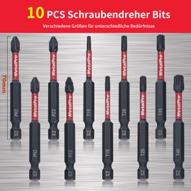 MetalPro 70 mm Magnetic Long Torx Bit Set for Impact Wrenches, 10 Pieces S2 Steel Impact Bit Set for Cordless Screwdriver, 1/4 Inch Hex Shank Phosphide Black Screwdriver Accessories