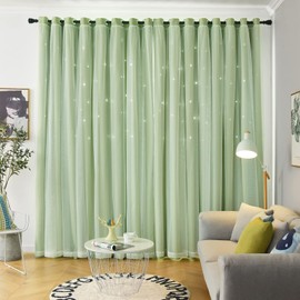 Loyala Star Curtains Double Layer Curtains Blackout Curtains for Bedroom Kids Curtains Cute Curtains, Curtains 72 Inches Long 2 Panels Set, Green Curtains, 42 X 72 Inches