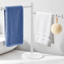Hand Towel Holder, Stainless Steel Hand Towel Stand with Marble Base, Swivel Hand Towel Rack Standing Towel Bar for Kitchen Countertop, 2 Arms, Brushed Nickel