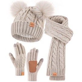 Winuesa Hat Scarf and Gloves Set Ladies, Winter Beanie Hat for Women with Pom Pom Fleece Lined, Bobble Hat Touchscreen Gloves Women Scarf Neck Warmer 3 in 1 Cold Weather Gift Set(Beige)