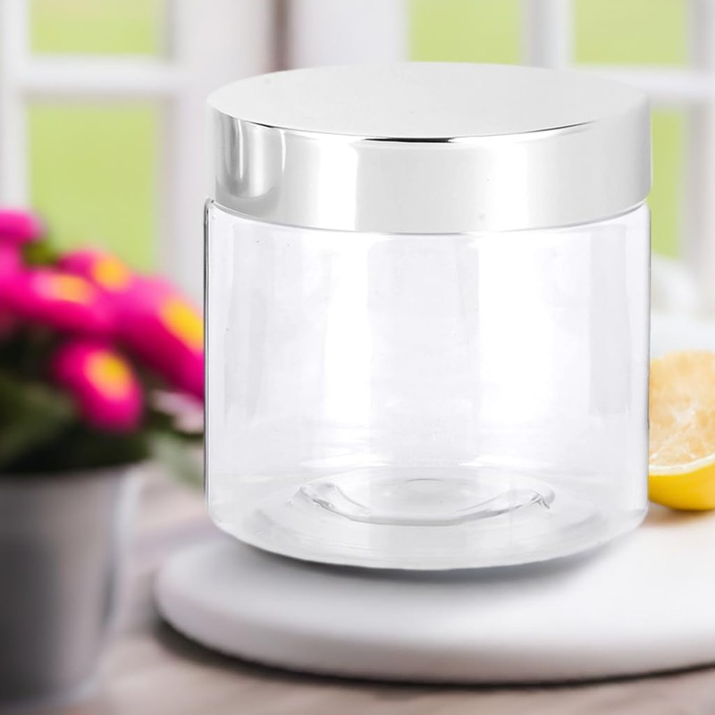 6 oz Clear PET Plastic Jar with Silver Metal Overshell